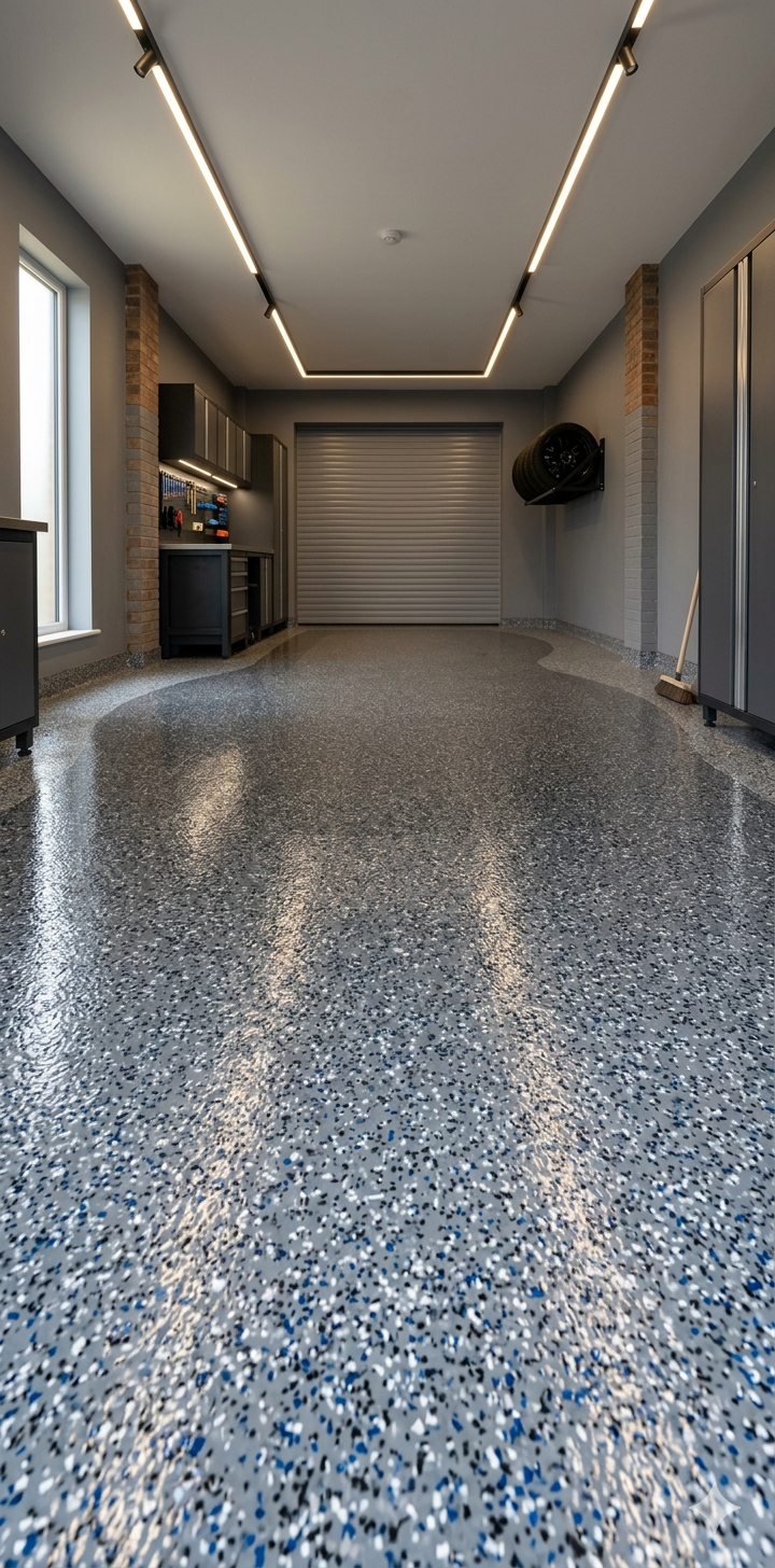 Flaked epoxy flooring in a modern garage